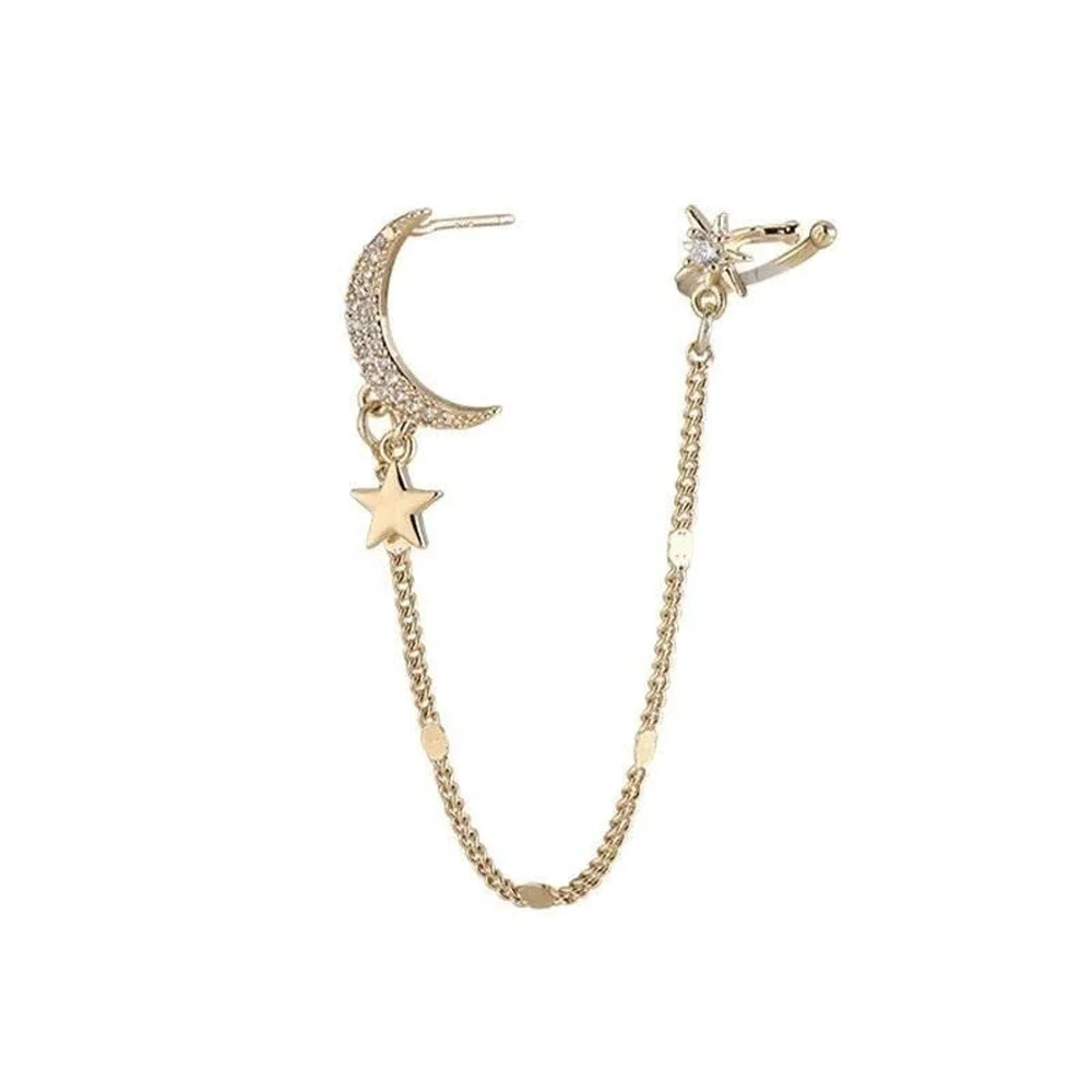 Boho Golden Crescent Moon and Stars Dreamer Cuff Swing Chain Earrings Gold A0128